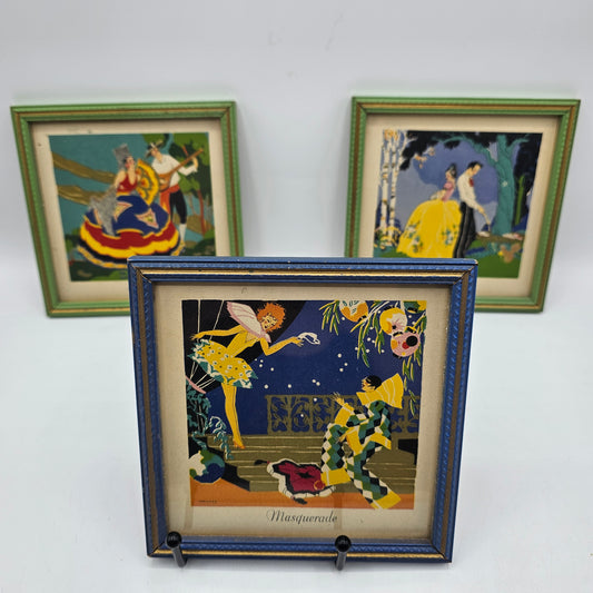 Vintage 1920's Art Deco Square Framed Prints - Set of 3 - Masquerade, Teasing, Senorita