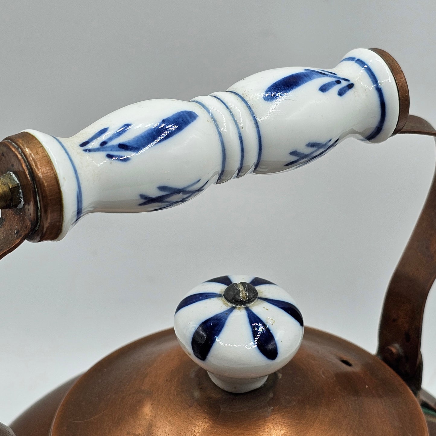 Vintage Copper Tea Kettle with Delft Blue Porcelain Handles