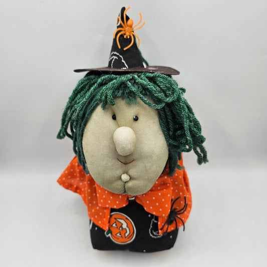 Handmade Plush Witch with Orange Cape and Green String Hair