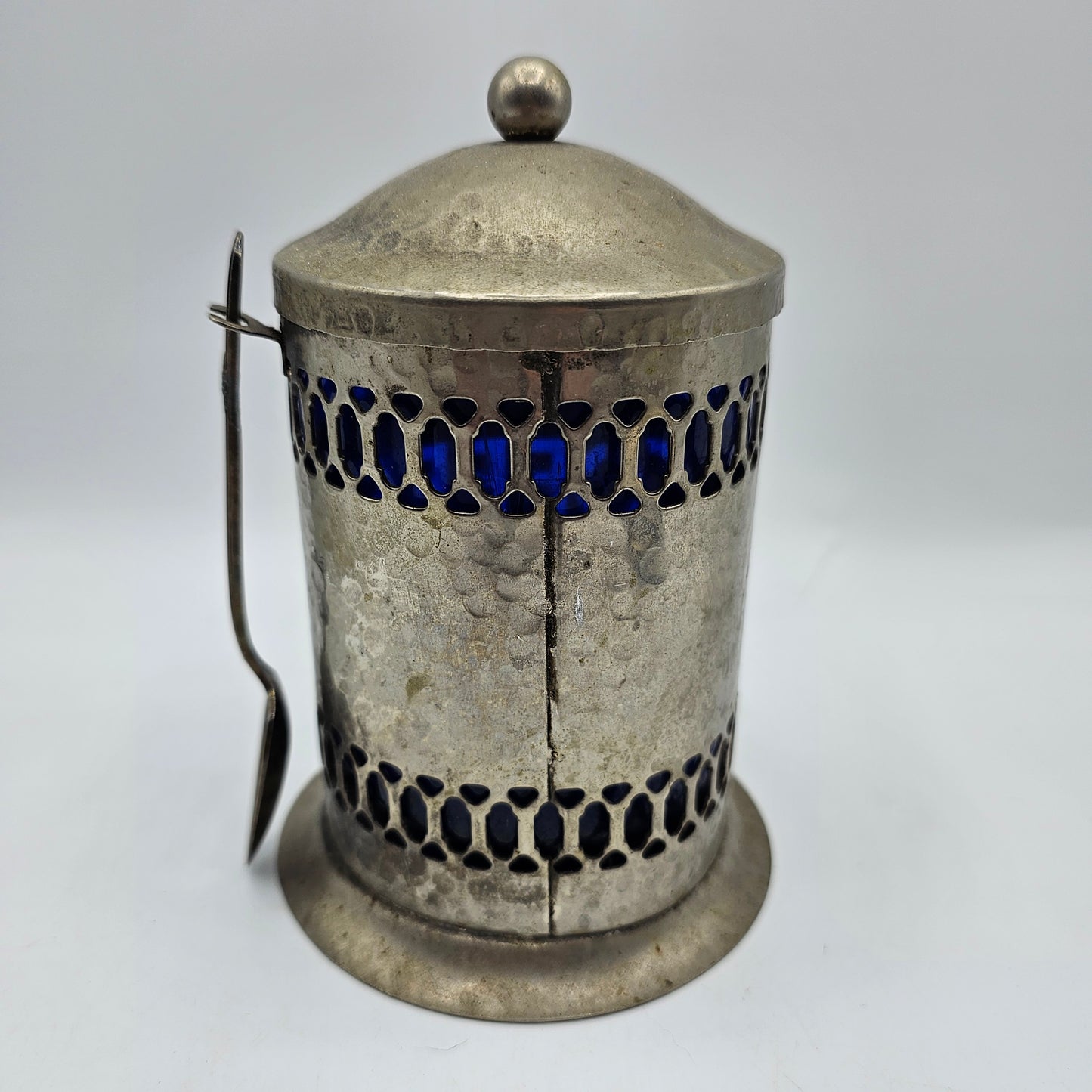 Vintage Silver Plated Lidded Pierced Coffee Canister with Cobalt Blue Plastic Insert and Silver Plated Spoon by Leonard Made in England
