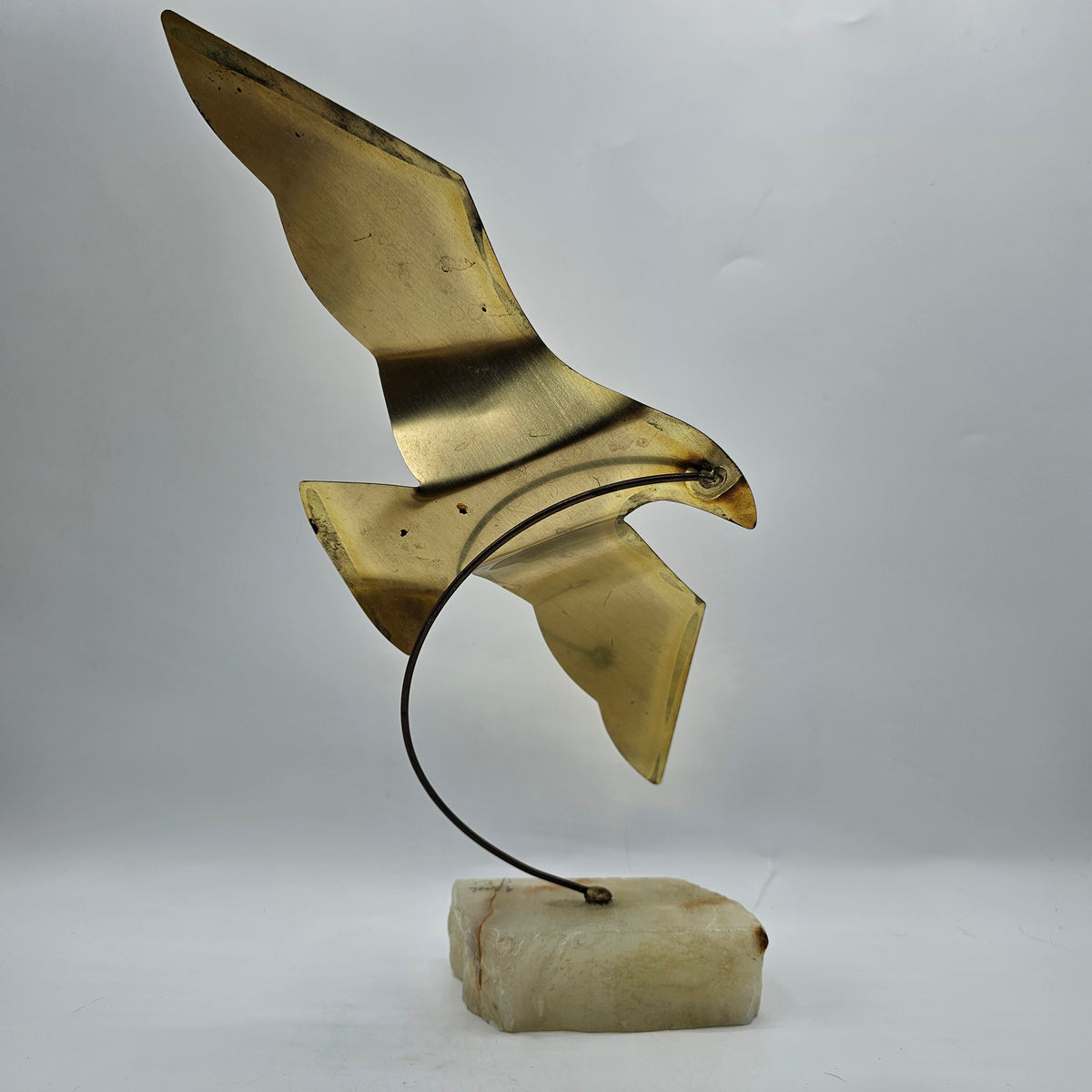 Vintage Artisan Brass Bird on Agate Stone Stand - Signed Yosi
