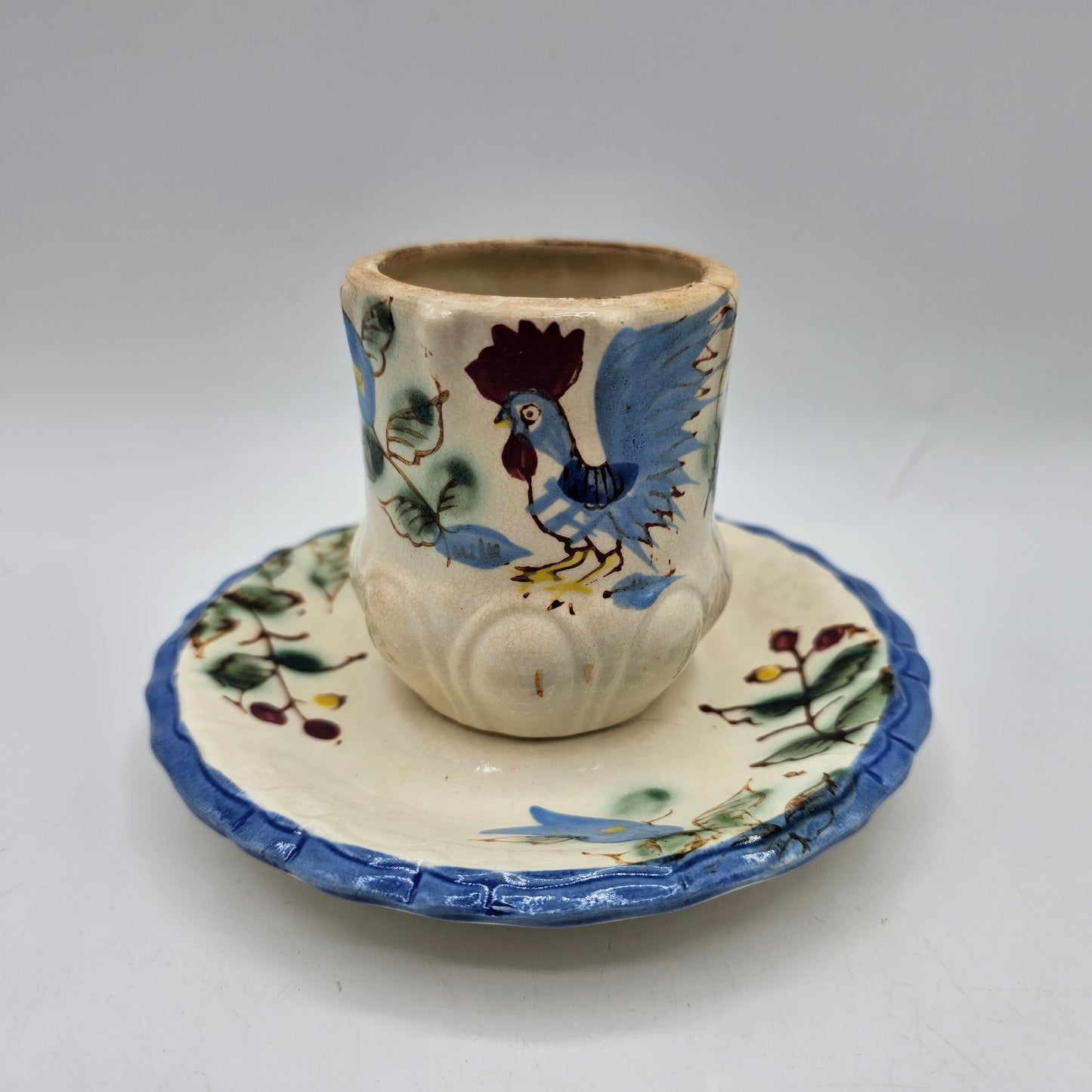 Vintage Nasco Blue Rooster Condiment, Jam Jar or Planter with an Attached Underplate (vintage condition)