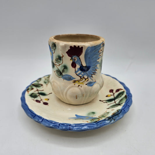 Vintage Nasco Blue Rooster Condiment, Jam Jar or Planter with an Attached Underplate (vintage condition)