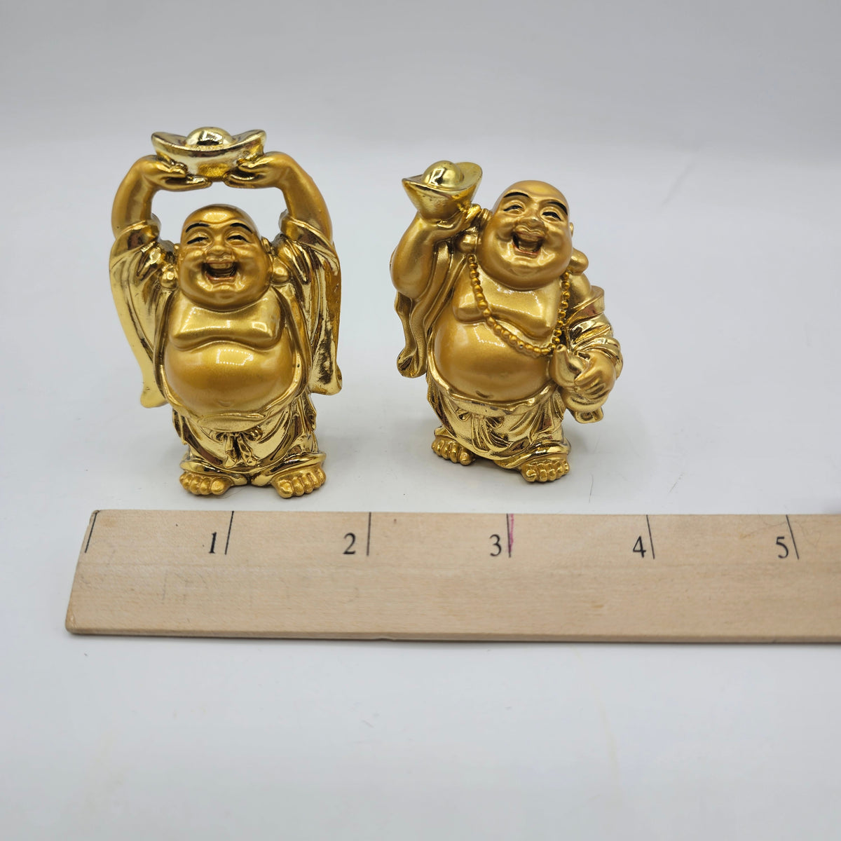 Gold Lucky Laughing Buddha Statues Figurines - Set of 2 - painted resin