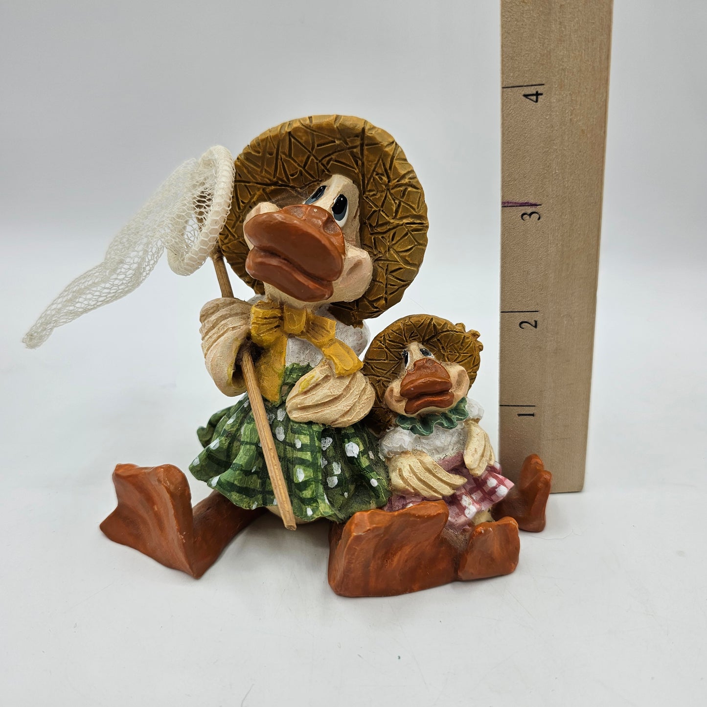L'il Luvables Mama Duck and Duckling in Sunflower Straw Hats and Butterfly Net Figurine by Russ Berrie