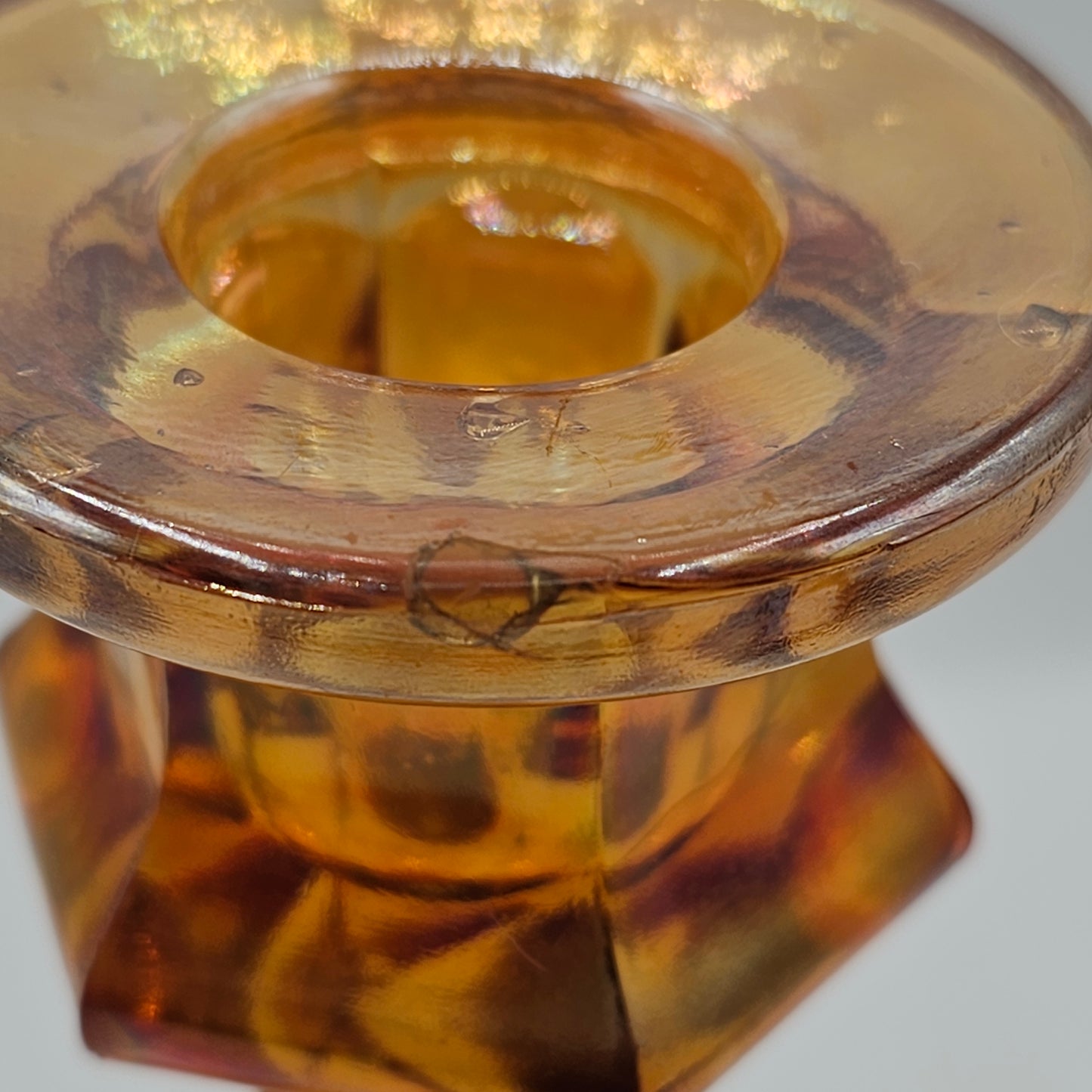 Vintage Iridescent Marigold Carnival Glass Candlestick with Wide Base (damage noted)