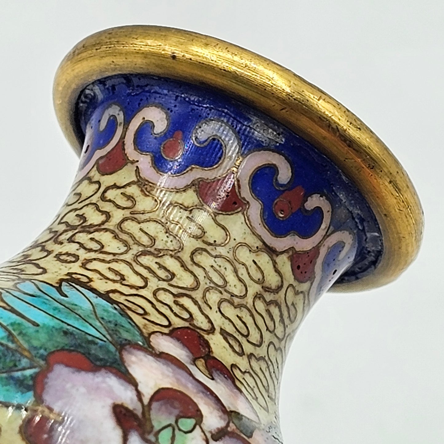 Enamelled Cloisonne Style Bud Vase - Gold Tone Metal with Floral Design