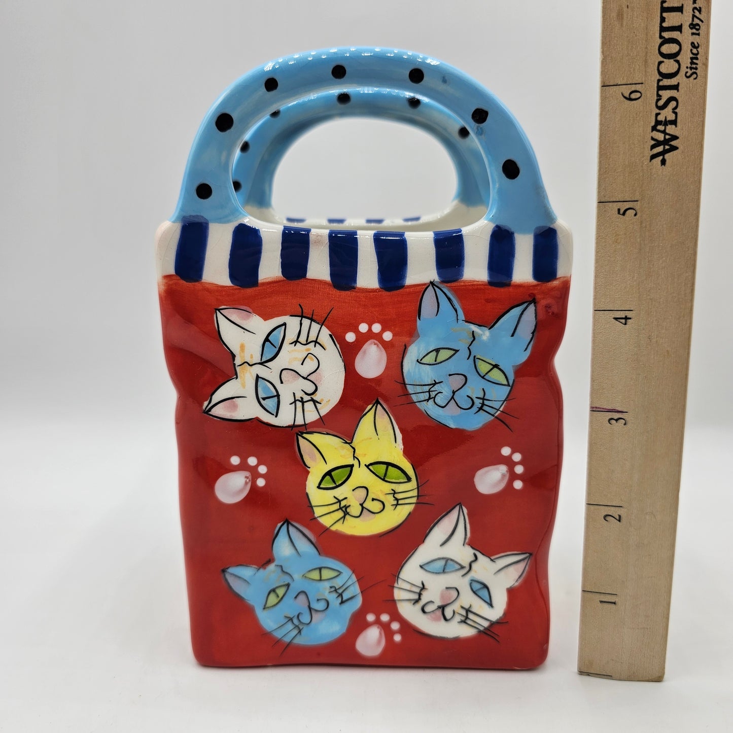 Ceramic Gift Bag Shaped Vase with Cat Faces by Ganz
