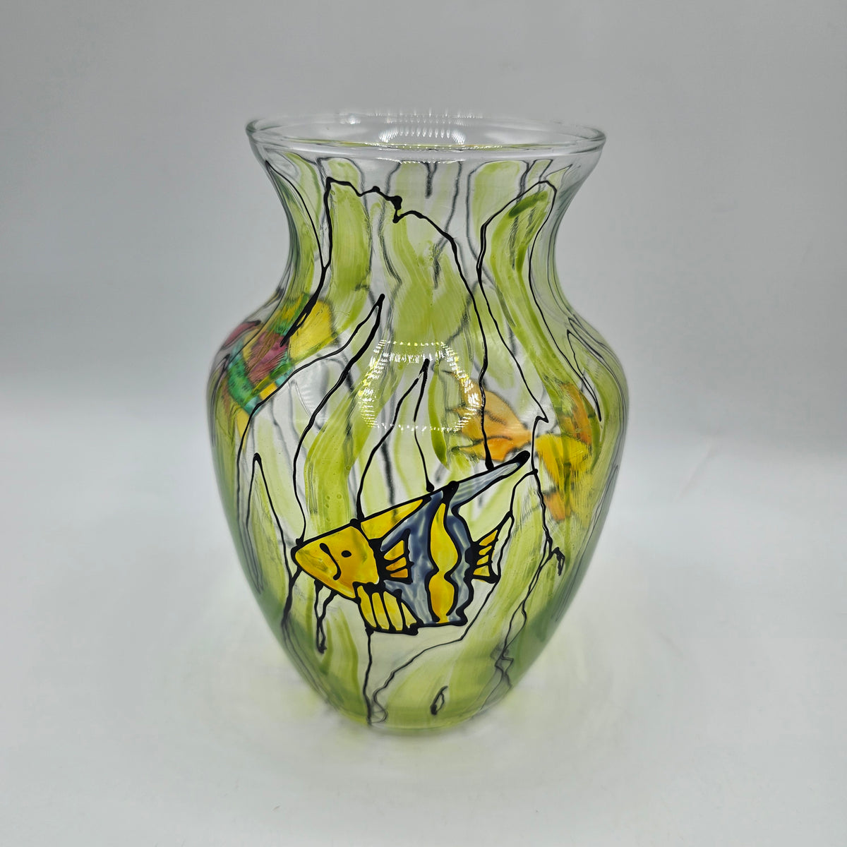 Painted Fish in Seaweed Glass Vase