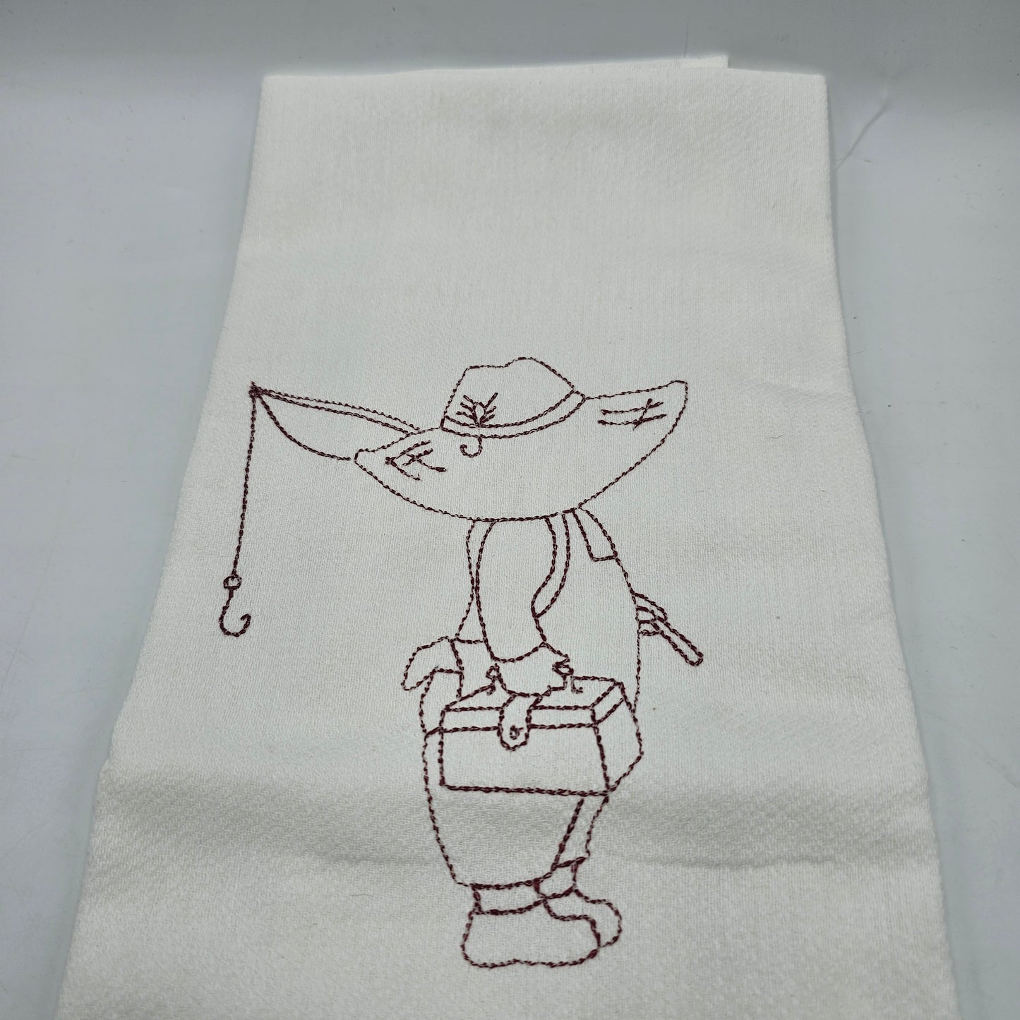 Embroidered Sunbonnet Sam with Fishing Pole and Tackle Box on Kitchen Tea Towel with Cupcake Fabric