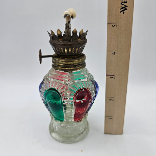 Vintage Small Painted Panel Glass Hurricane Oil Lamp with Wick