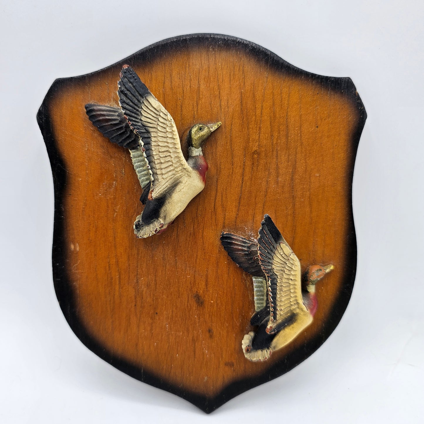 Vintage Wooden Shield Plaque with Two Mallard Ducks in Flight