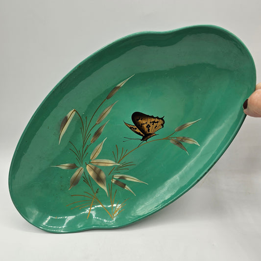 Vintage Turquoise Lacquerware with Hand Painted Butterfly by Catalina Woodenware of California