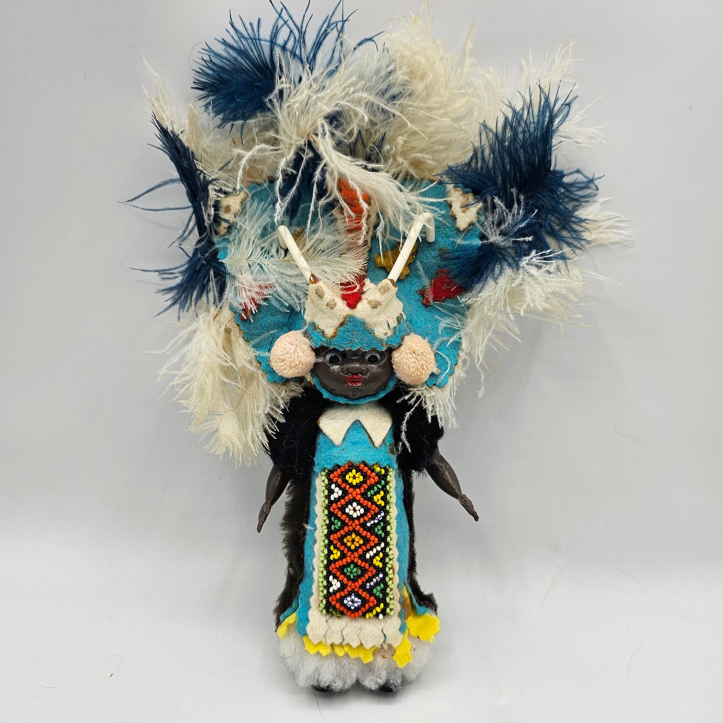 Vintage African Tribal Doll with Beaded Feathered Costume