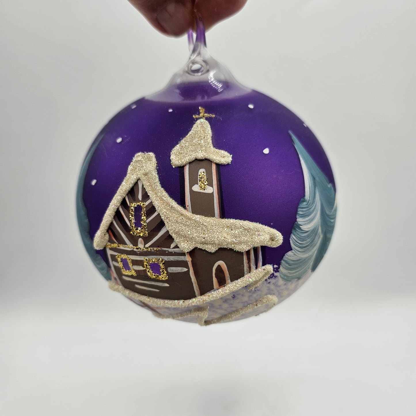 Hand Painted Czech Glass Snow Scene Christmas Ball Ornament - Insert flickering tea light candle to light up