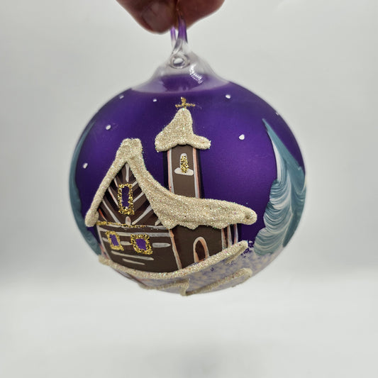 Hand Painted Czech Glass Snow Scene Christmas Ball Ornament - Insert flickering tea light candle to light up