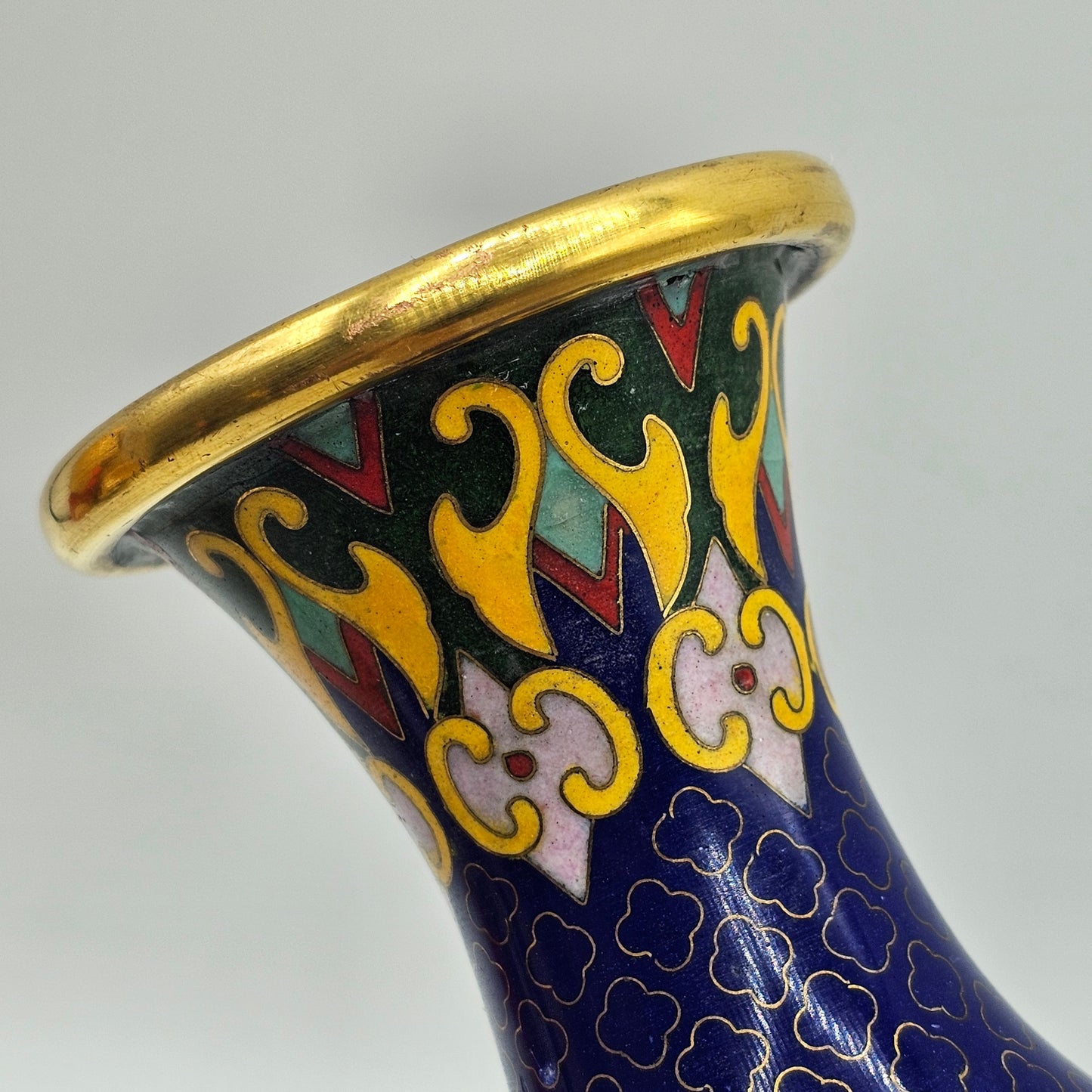 Cloisonne Enamel on Brass Vase with Blue Base