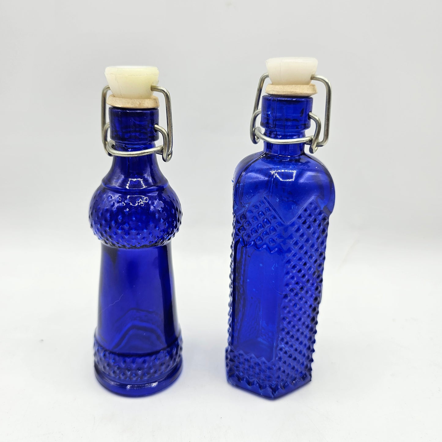 Small Cobalt Blue Flashed Glass Bottles with Wire Bail Stoppers - Set of 2