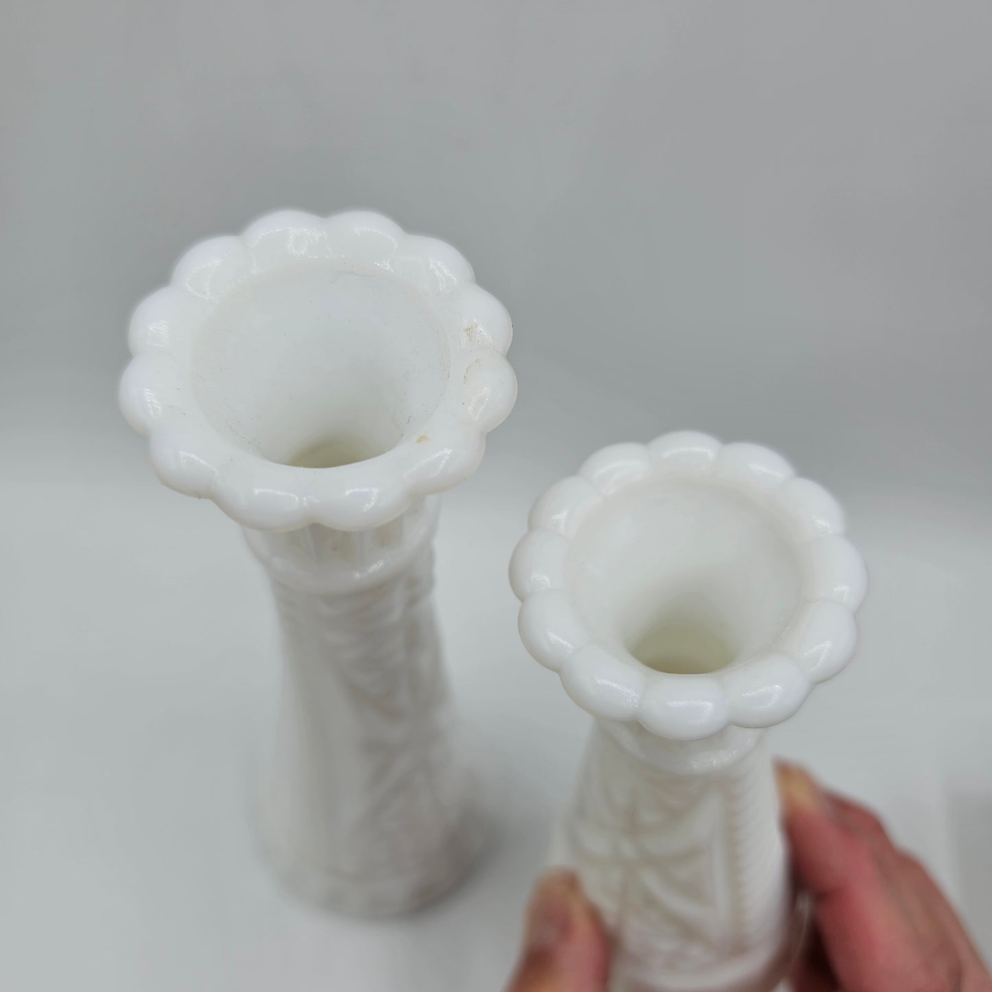 Vintage Anchor Hocking Stars & Bars Milk Glass Bud Vases - Set of 2