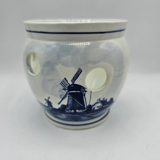 Vintage Delft Blue Tulip Bulb Pot with Windmill - Signed Made in Holland (damage noted)