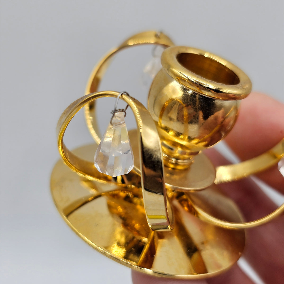Vintage 24k Gold Plated Mini Taper Candlesticks with Hanging Strass Crystal Drops by Lycenta of Sweden
