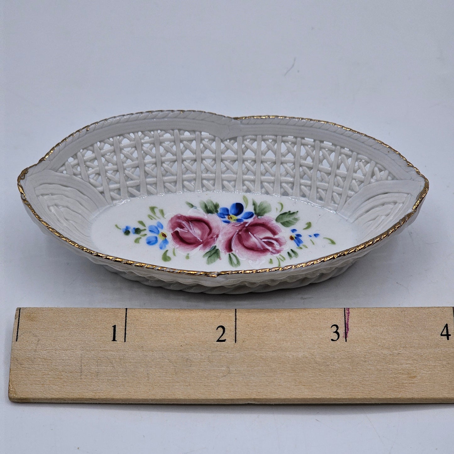 Small Reticulated Open Weave Hand Painted Floral Porcelain Trinket Dish