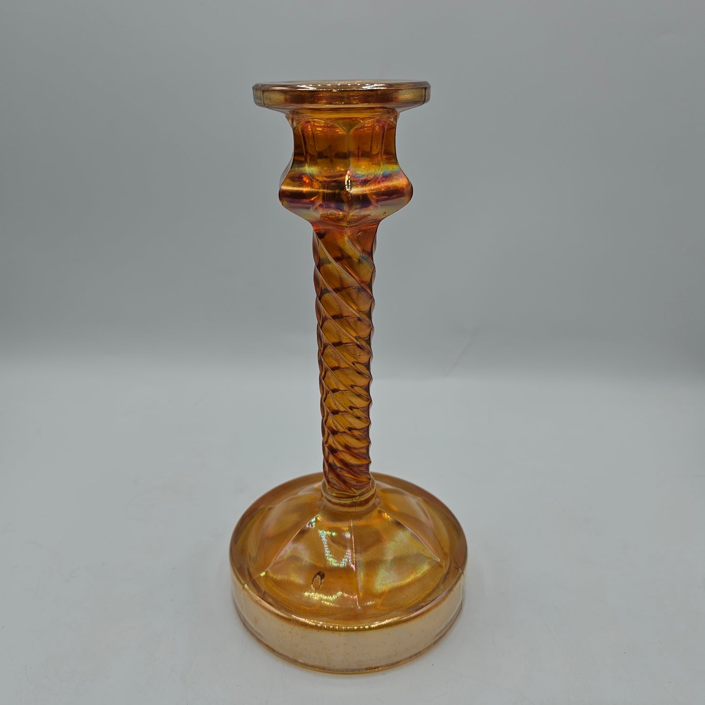 Vintage Iridescent Marigold Carnival Glass Candlestick with Wide Base (damage noted)