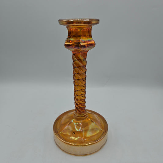 Vintage Iridescent Marigold Carnival Glass Candlestick with Wide Base (damage noted)