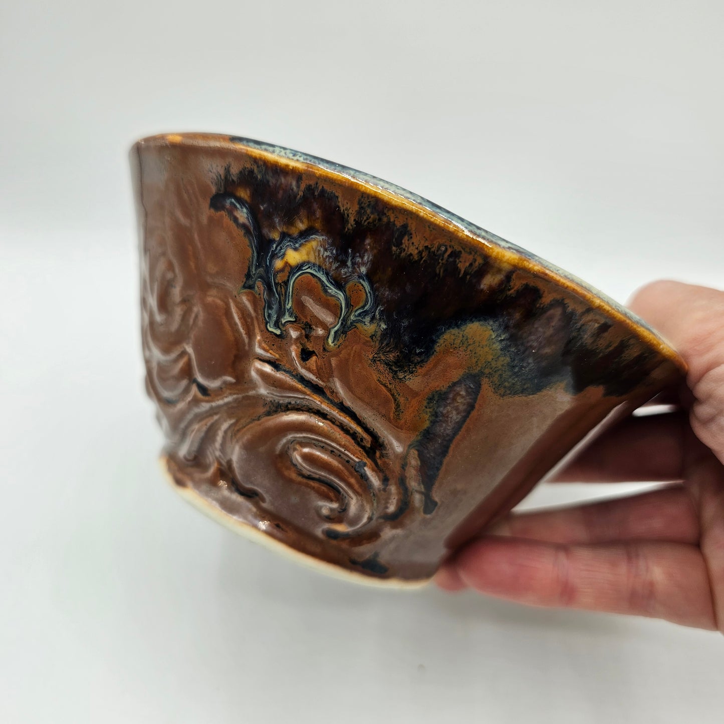 Etched and Drip Glazed Brown Art Pottery Bowl