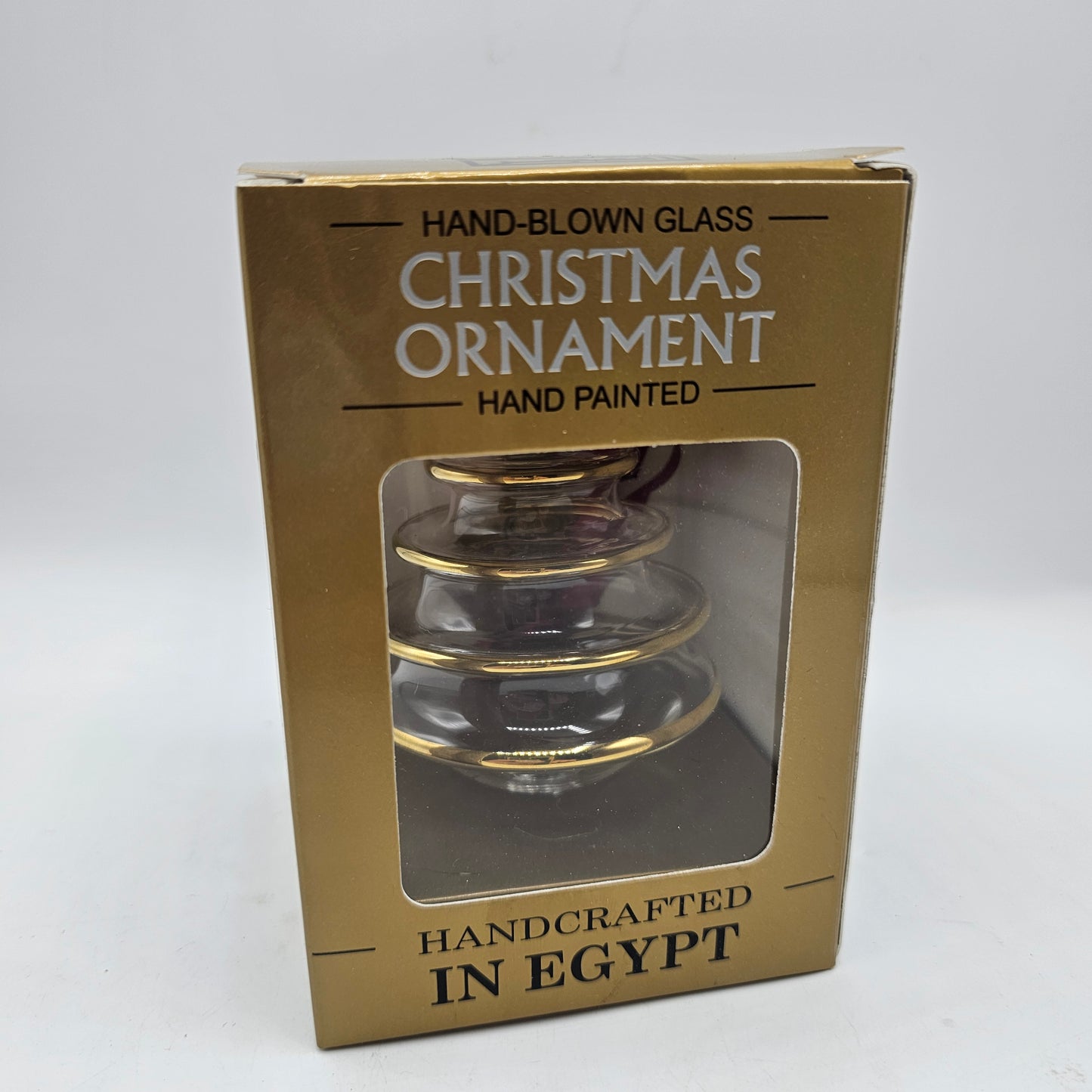 Egyptian Blown Glass with Gold Christmas Tree Ornament with Red Ribbon in Original Box
