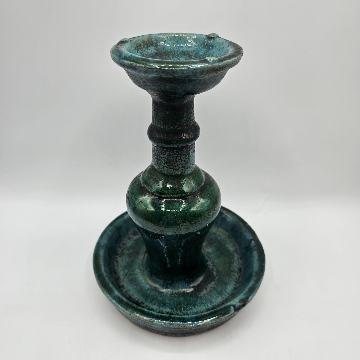 Vintage Green Glazed Stoneware Pillar Candlestick with Moat