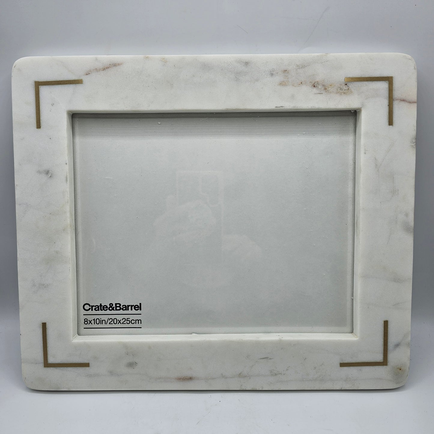 Crate and Barrel 8x10 White Marble Desk Standing Picture Frame with Brass Inlay Corners