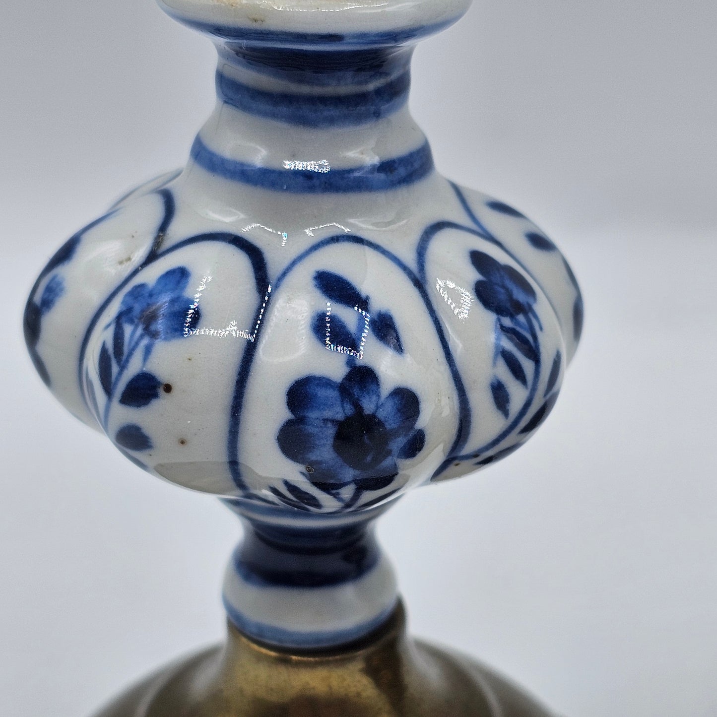 Vintage Brass with Blue and White Porcelain Delft Candlestick Pair
