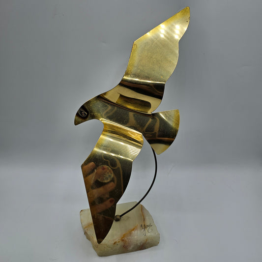 Vintage Artisan Brass Bird on Agate Stone Stand - Signed Yosi