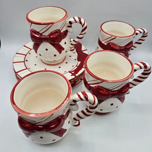 Polka Dot and Bow Christmas Candy Cane Stripe Ceramic Mug and Plate - Set of 4