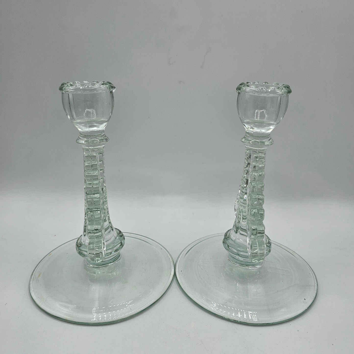 Baroque Style Scrolled Glass Taper Candlestick Pair