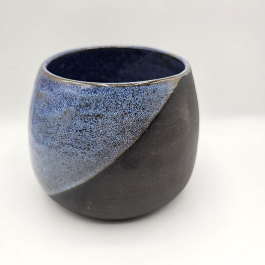 Artisan Pottery Diagonal Split Glazed Blue and Matte Black Ceramic Planter Pot - Signed