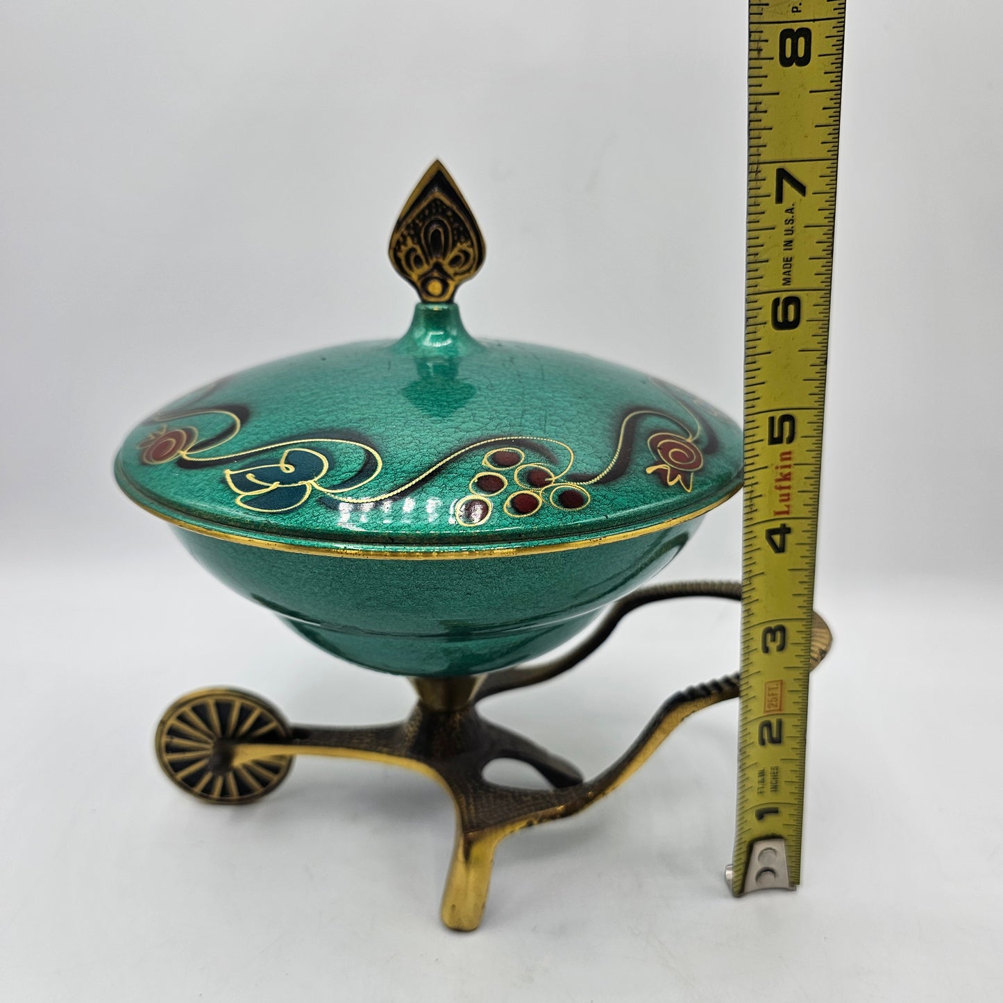 Vintage Israeli Hand Painted Green Enamell and Brass Candy Dish - Made in Israel