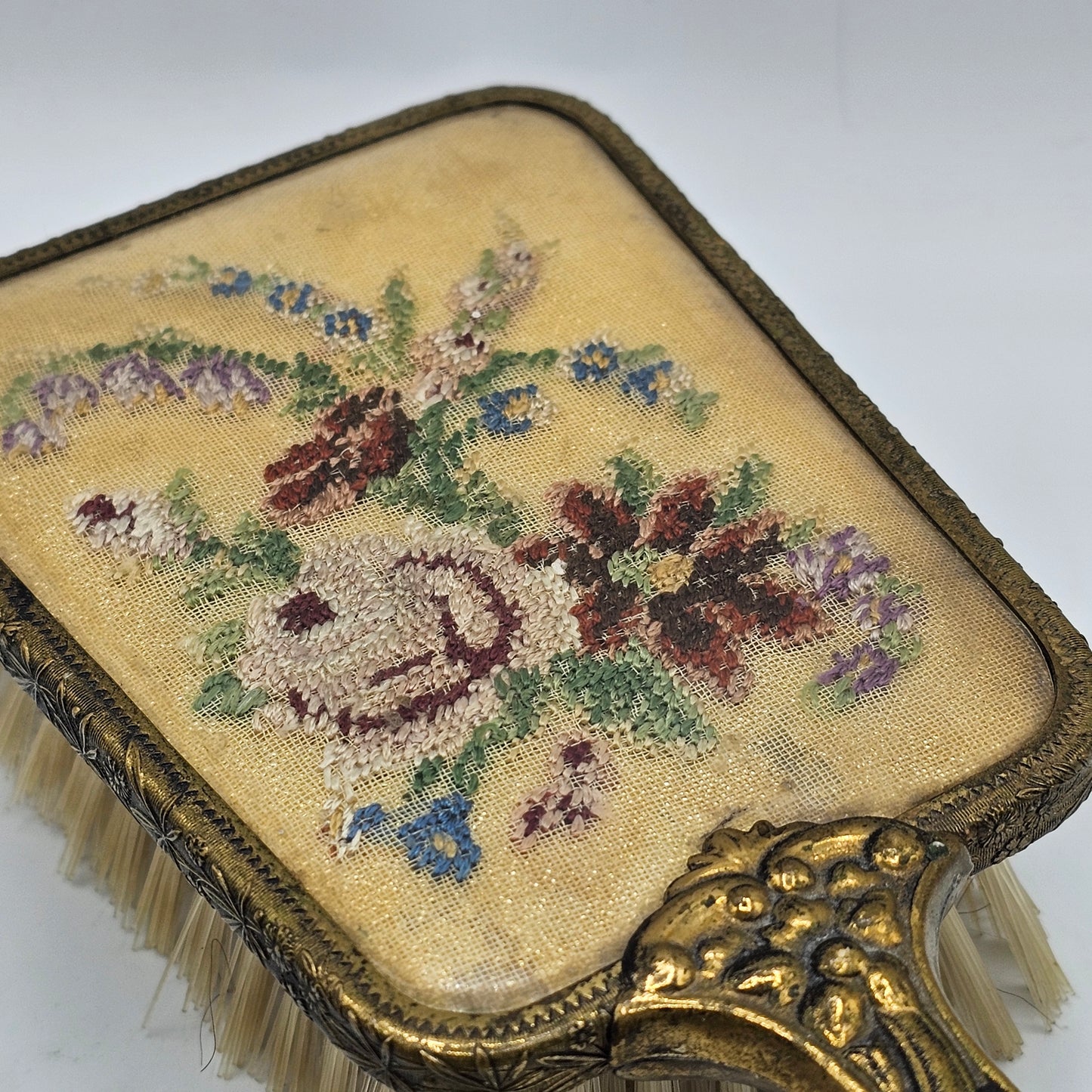 Vintage Petit Point Embroidery 3 Piece Vanity Dresser Set - Hairbrush, Clothes Brush and Beveled Hand Mirror; Wood with Brass