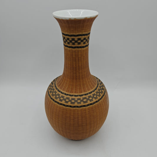 Vintage Chinese Fine Woven Bamboo Wrapped Porcelain Vase