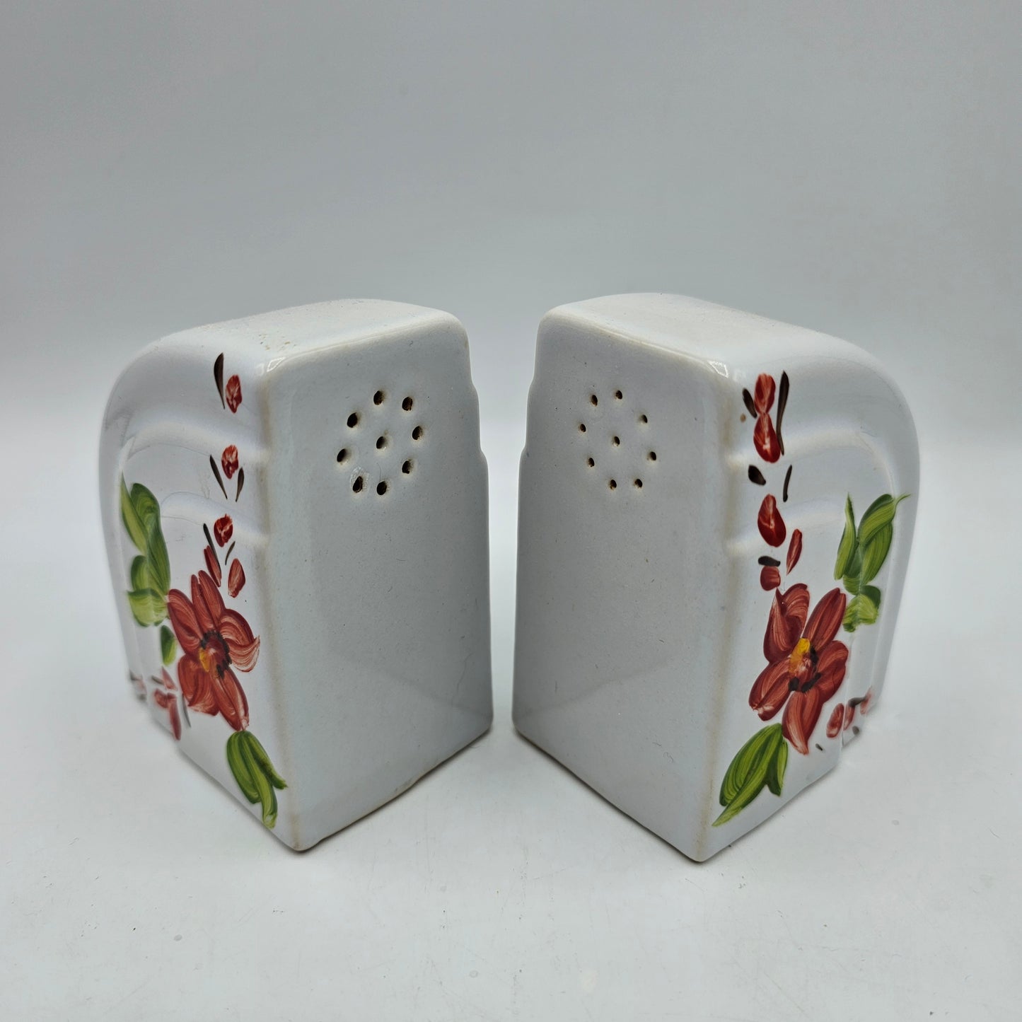 Vintage Hand Painted Mid Century Salt and Pepper Shakers with Cork Stoppers - Red Flowers