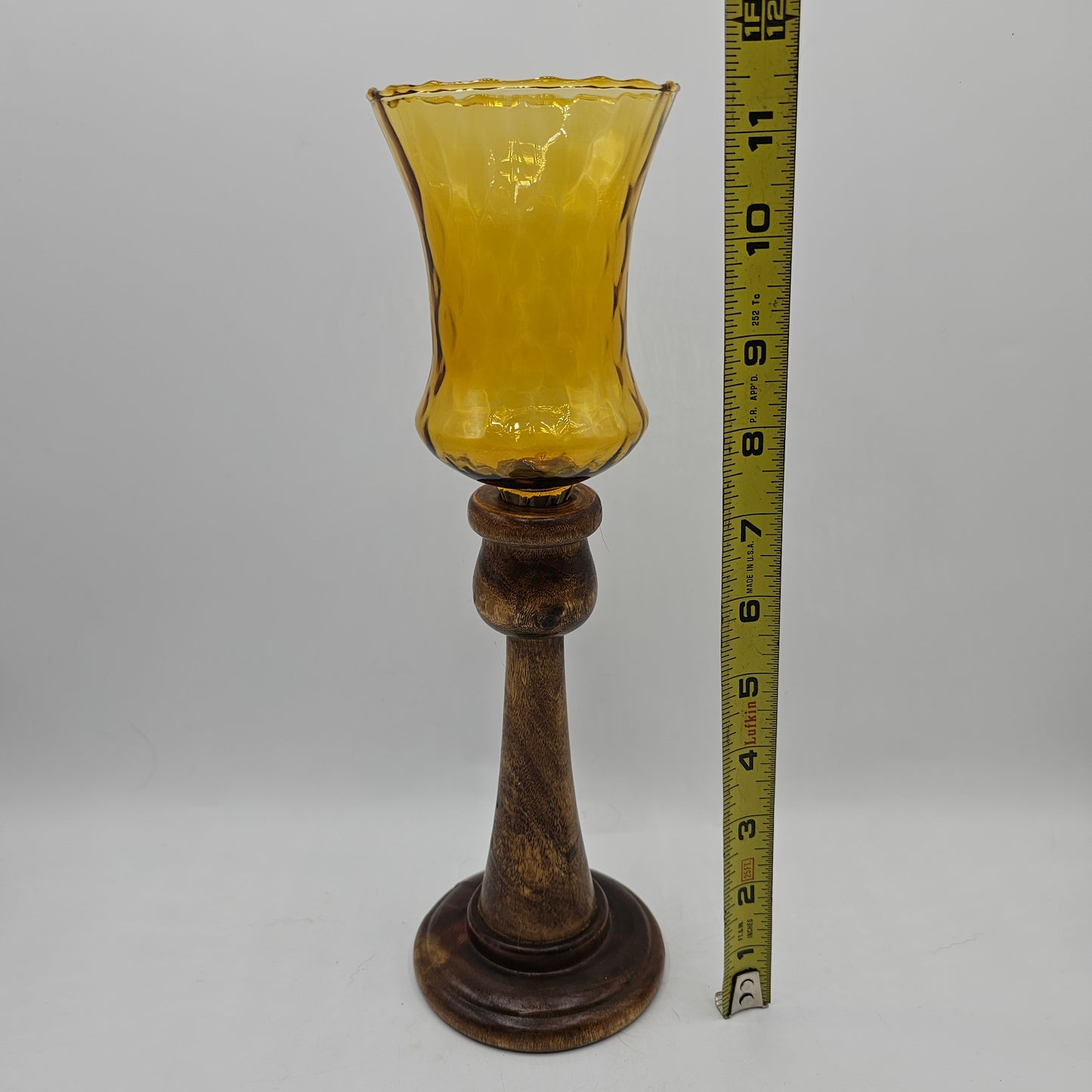 Vintage Turned Wood Candlestick (Repaired) with Amber Glass Peg Shade