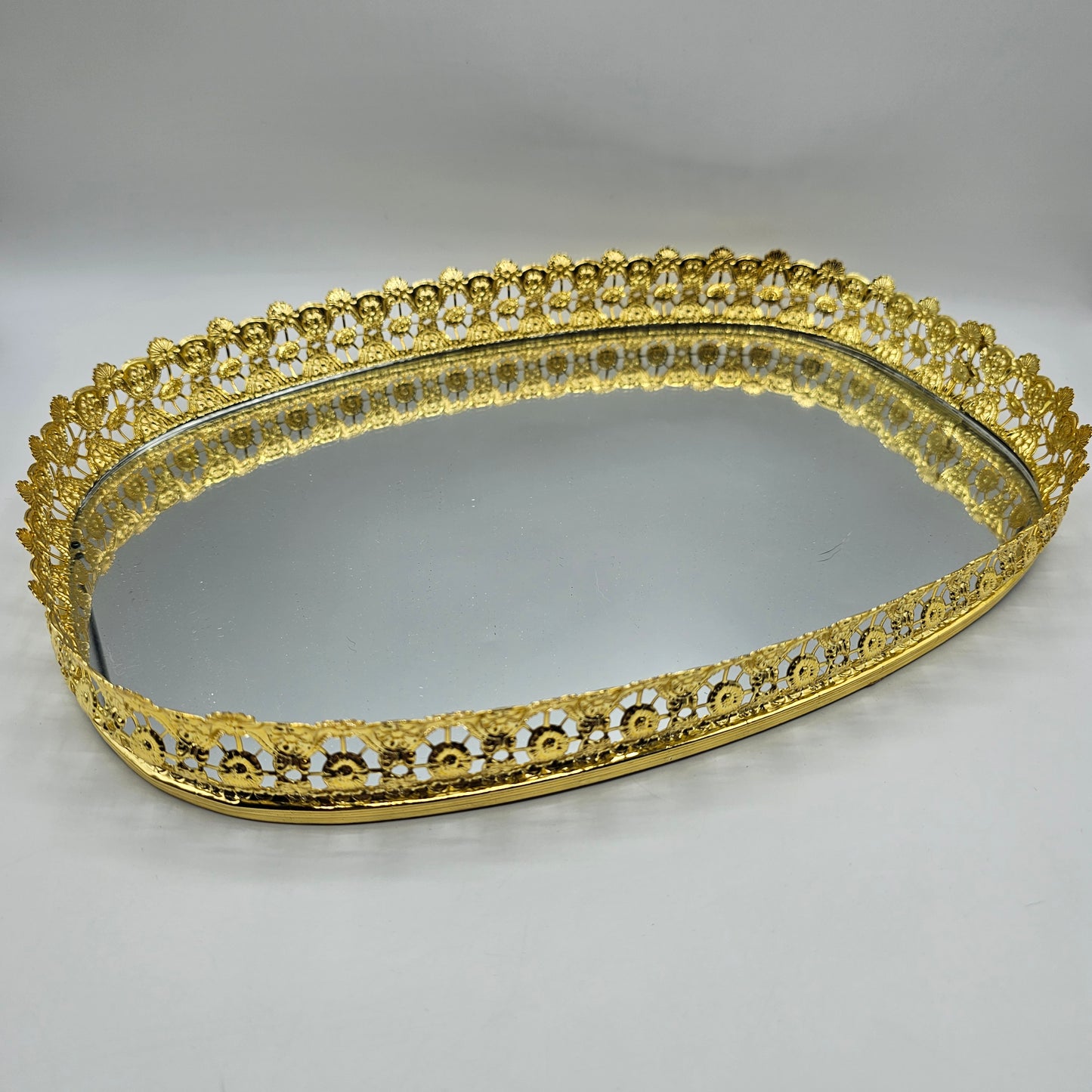 Gold Tone Filigree Mirrored Vanity Tray