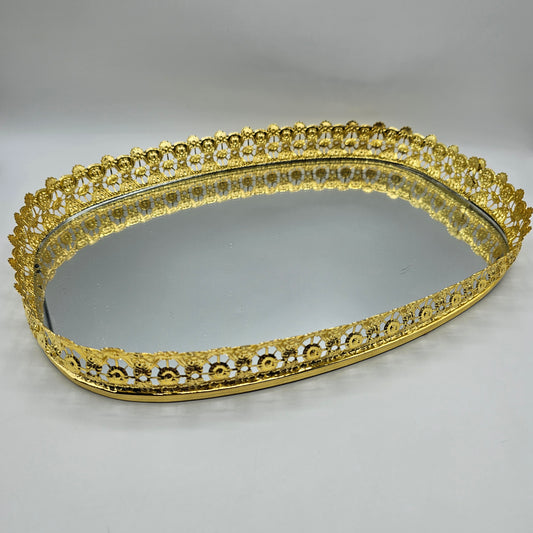 Gold Tone Filigree Mirrored Vanity Tray