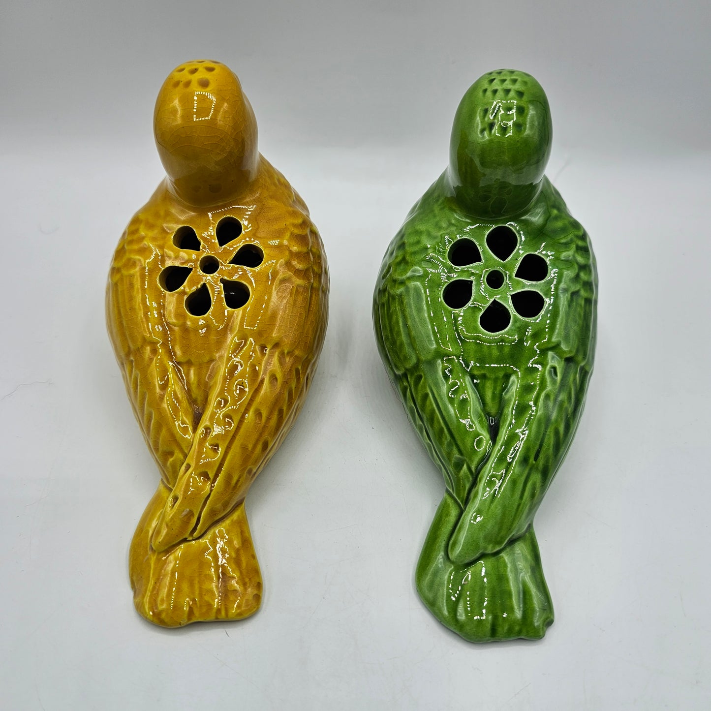 Vintage Yellow and Green Ceramic Flower Frog Birds - Made in Italy