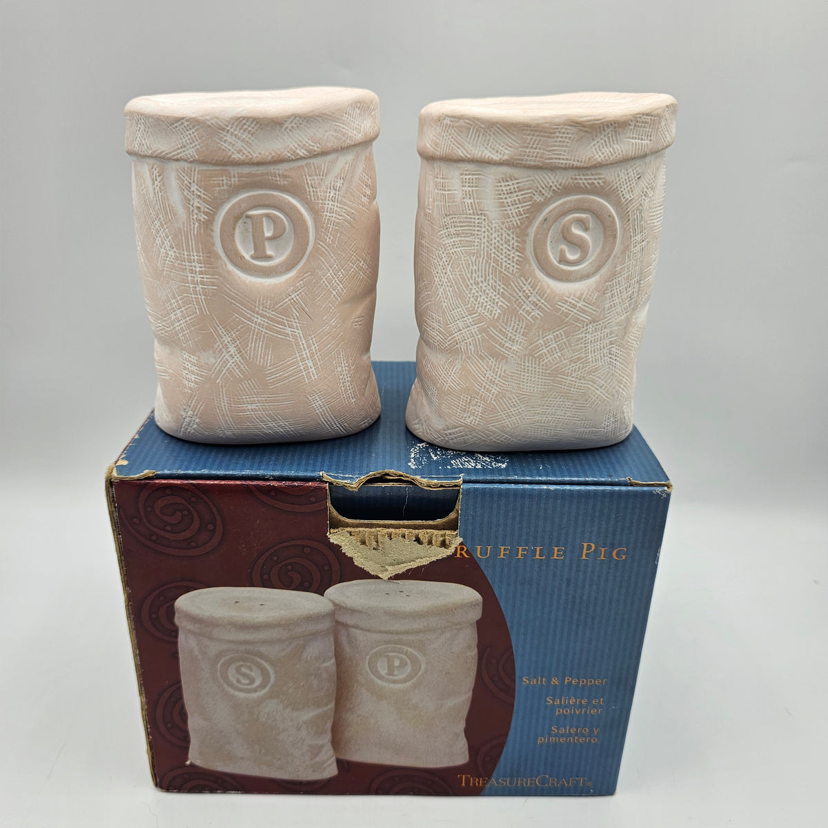 Truffle Pig Flour Sack Matte Ceramic Salt and Pepper Shakers by Treasure Craft