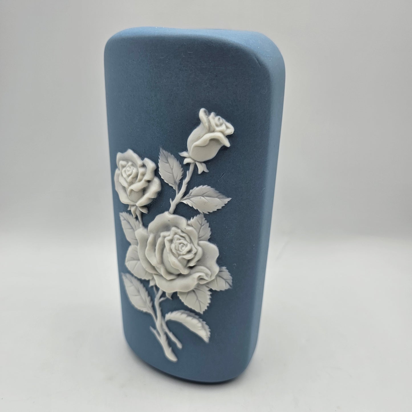 Wedgewood Jasperware Style Oval Blue Vase with Applied White Roses