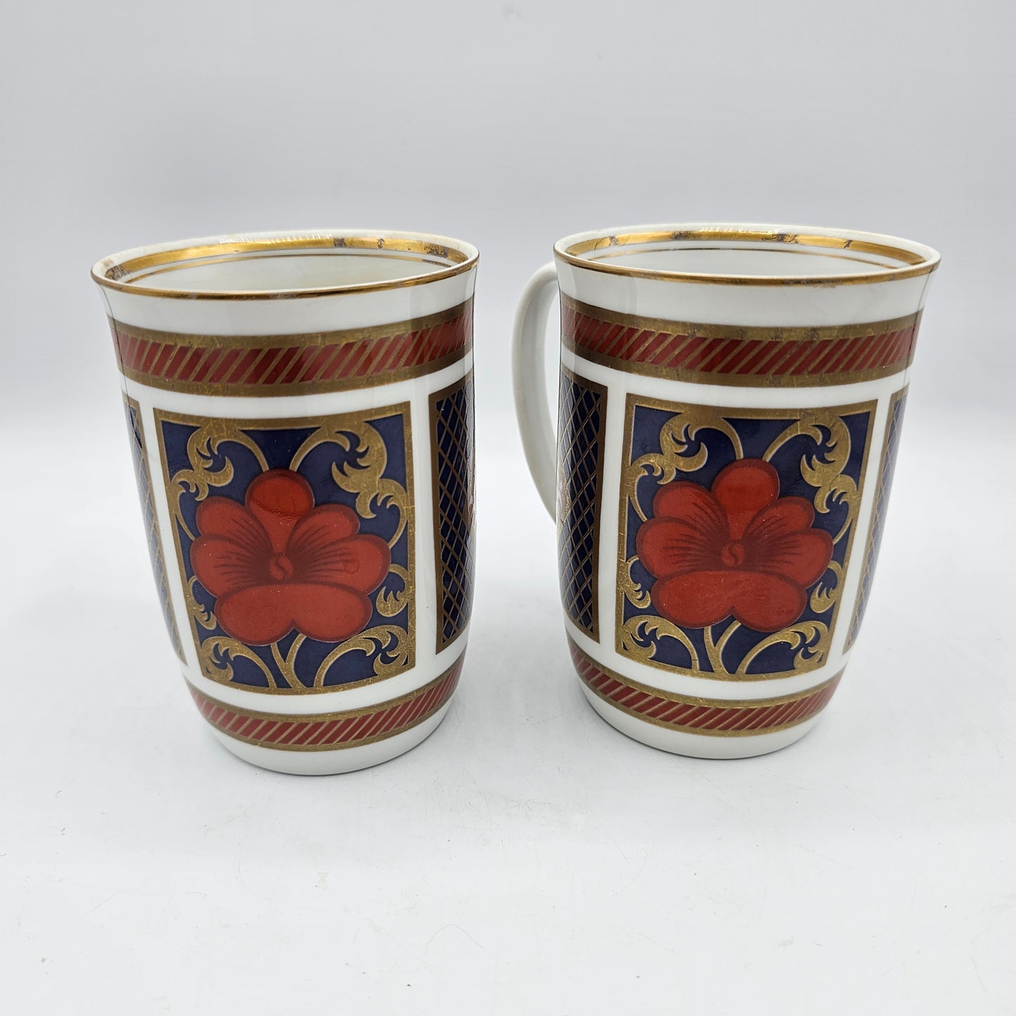 Fitz and Floyd 1975 Empress Floral and Geometric Pattern China Mugs - Set of 2