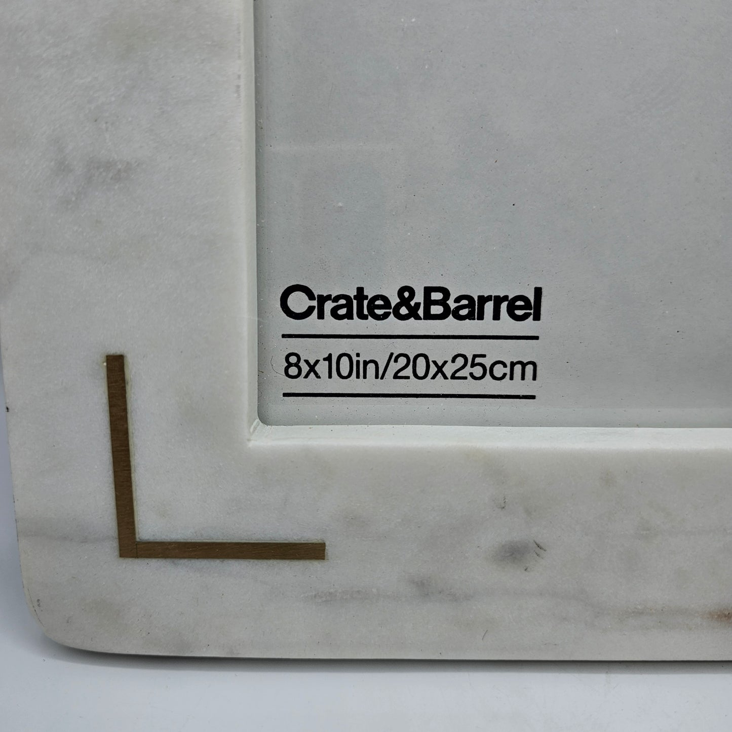 Crate and Barrel 8x10 White Marble Desk Standing Picture Frame with Brass Inlay Corners