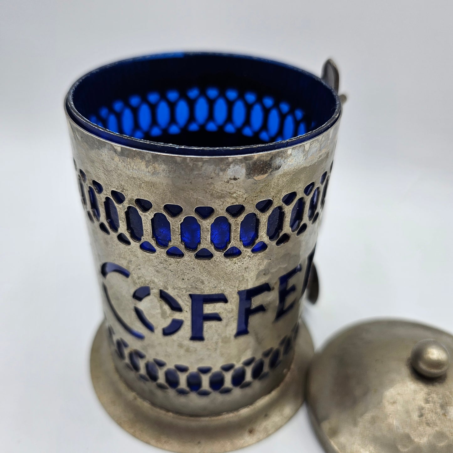 Vintage Silver Plated Lidded Pierced Coffee Canister with Cobalt Blue Plastic Insert and Silver Plated Spoon by Leonard Made in England